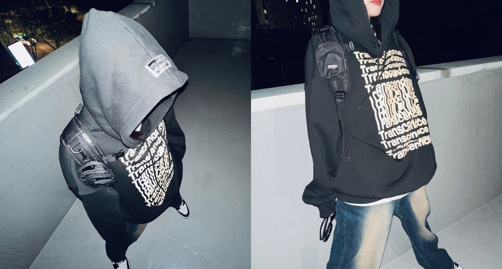 Dua potret streetwear ILLEDIT dengan graphic hoodie, denim, dan shoulder bag